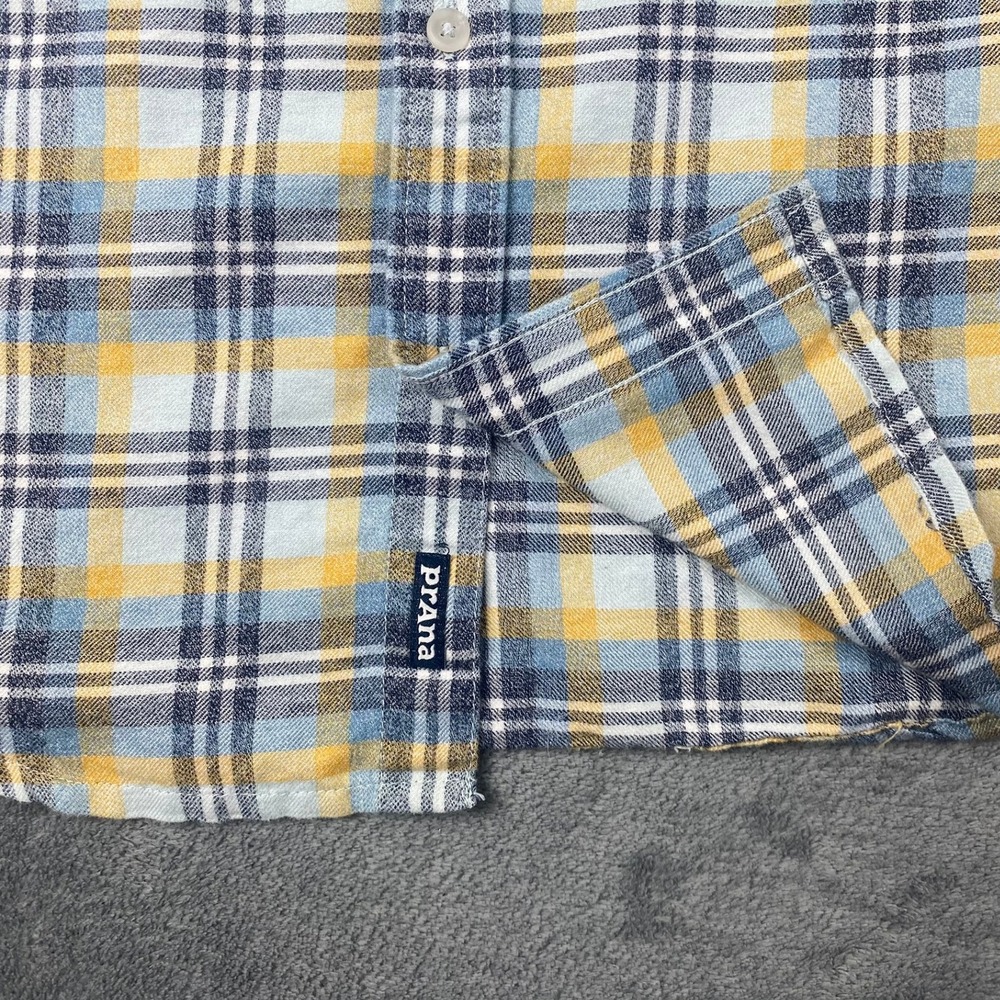 Prana Mens Medium Flannel Shirt Blue Yellow Plaid Organic Cotton Blend - Picture 6 of 11